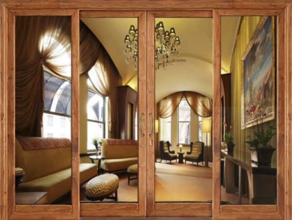 Cửa nhôm 2 cánh màu vân gỗ cổ điển